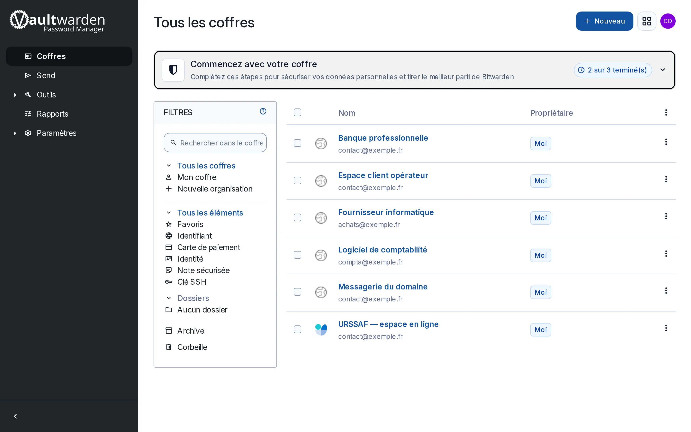Le coffre, en français, consultable depuis un navigateur comme depuis les applications Bitwarden