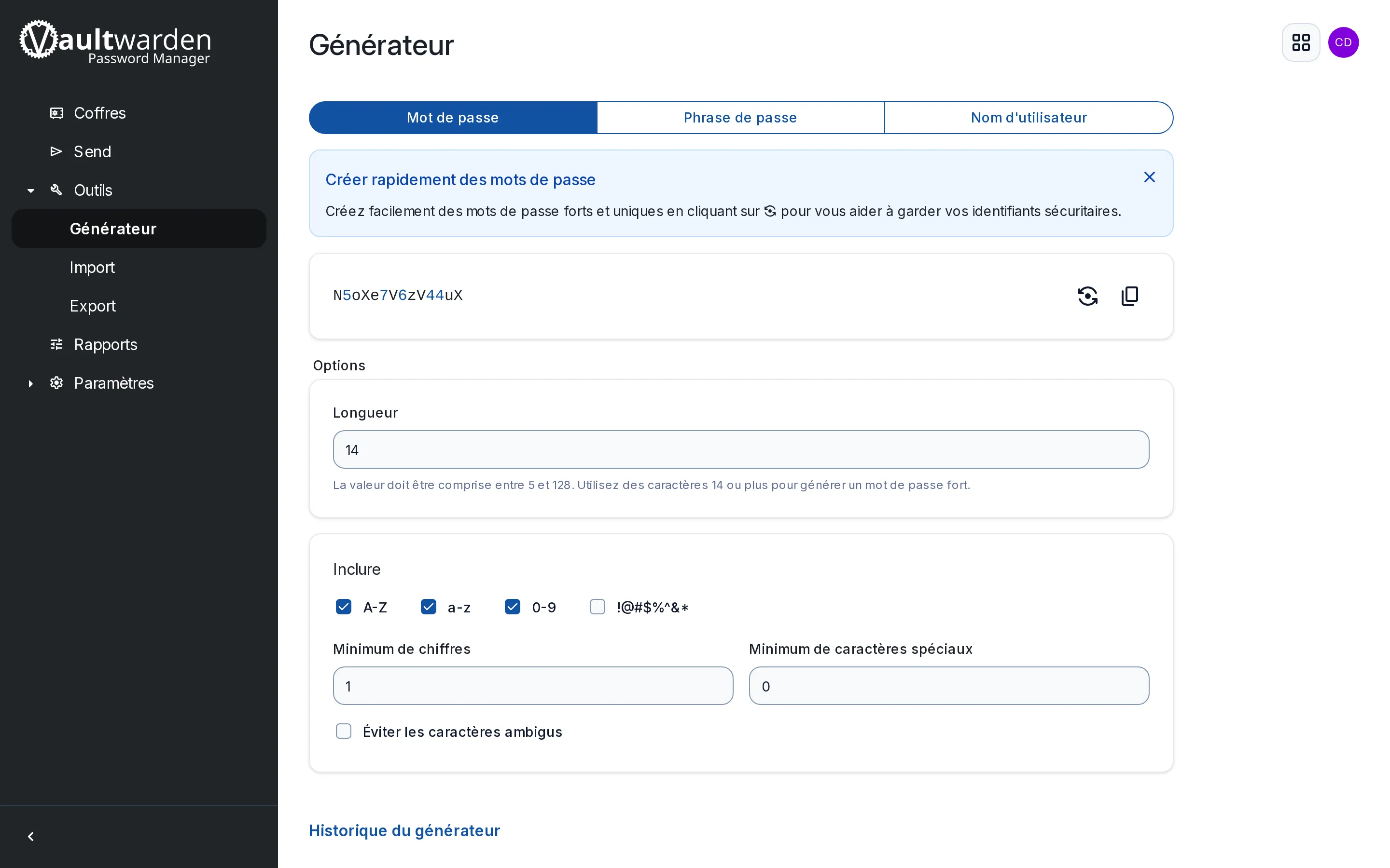 Le générateur de mots de passe, avec longueur et composition réglables
